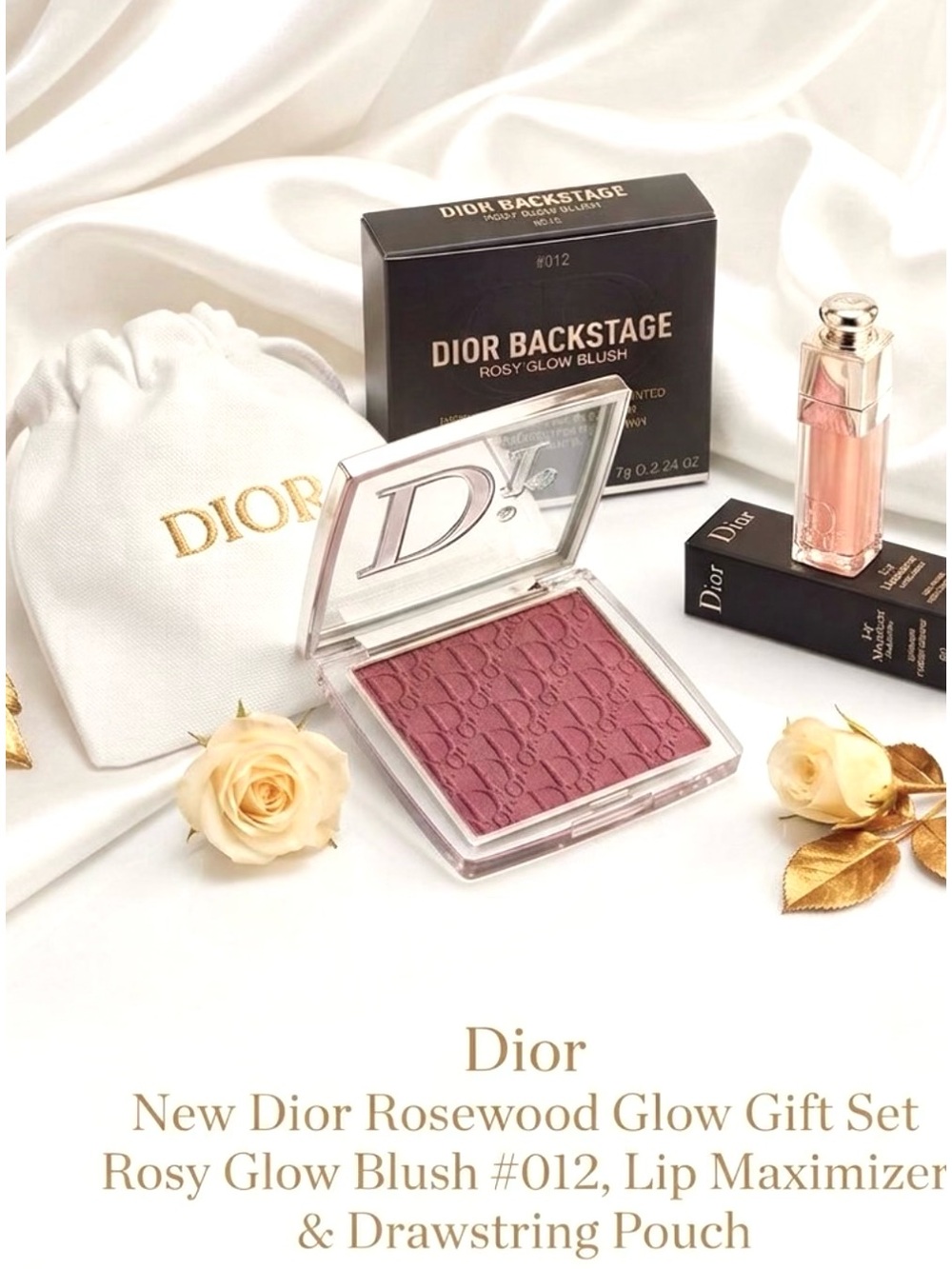 NIB Dior Rosy Glow Blush #012 Rosewood with Lip Maximizer & Pouch